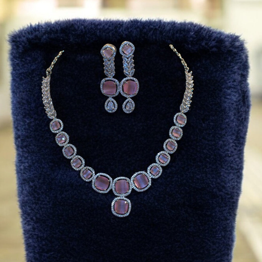Elegant Rhodium-Plated Necklace with Clustered AD, CZ & Pink Quartz Stone