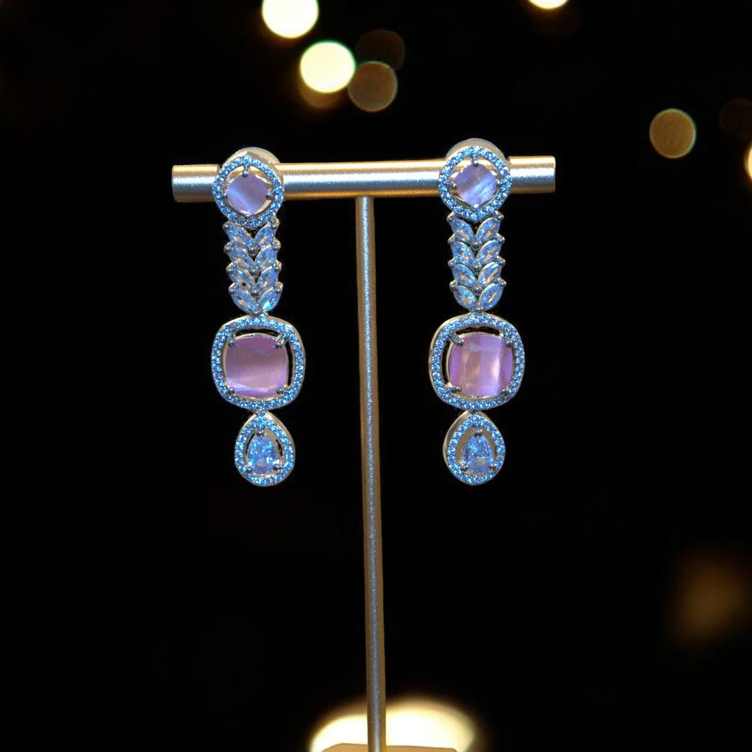 Elegant Rhodium-Plated Necklace with Clustered AD, CZ & Pink Quartz Stone