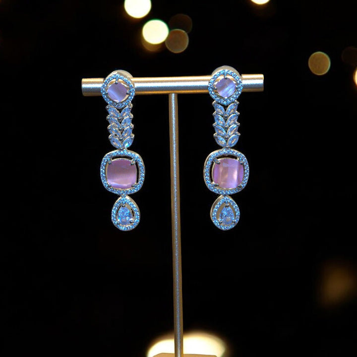 Elegant Rhodium-Plated Necklace with Clustered AD, CZ & Pink Quartz Stone