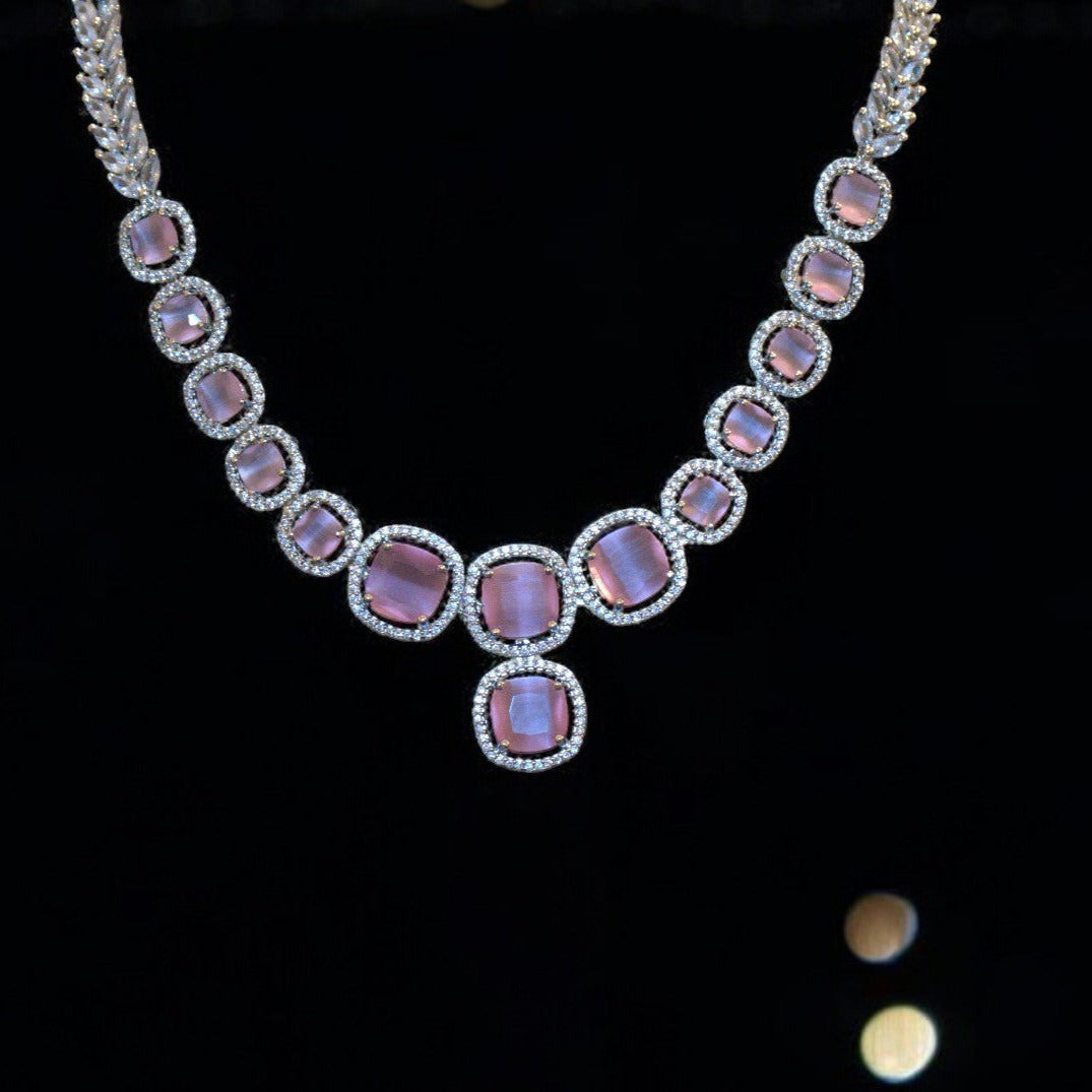 Elegant Rhodium-Plated Necklace with Clustered AD, CZ & Pink Quartz Stone