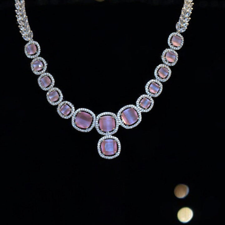 Elegant Rhodium-Plated Necklace with Clustered AD, CZ & Pink Quartz Stone
