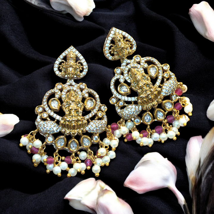 Mehandi Polish Lakshmi Temple Design Victorian CZ Kundan Pearls Beads Kammal Jimky