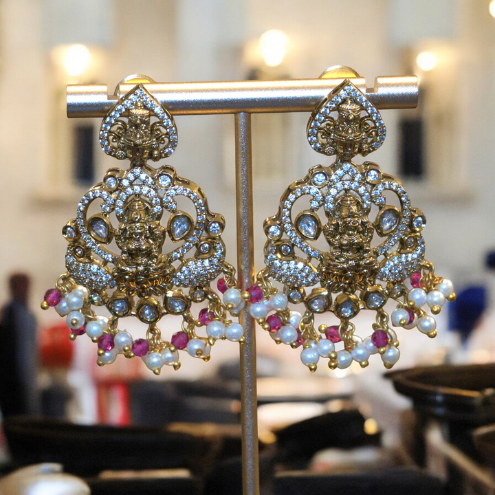 Mehandi Polish Lakshmi Temple Design Victorian CZ Kundan Pearls Beads Kammal Jimky