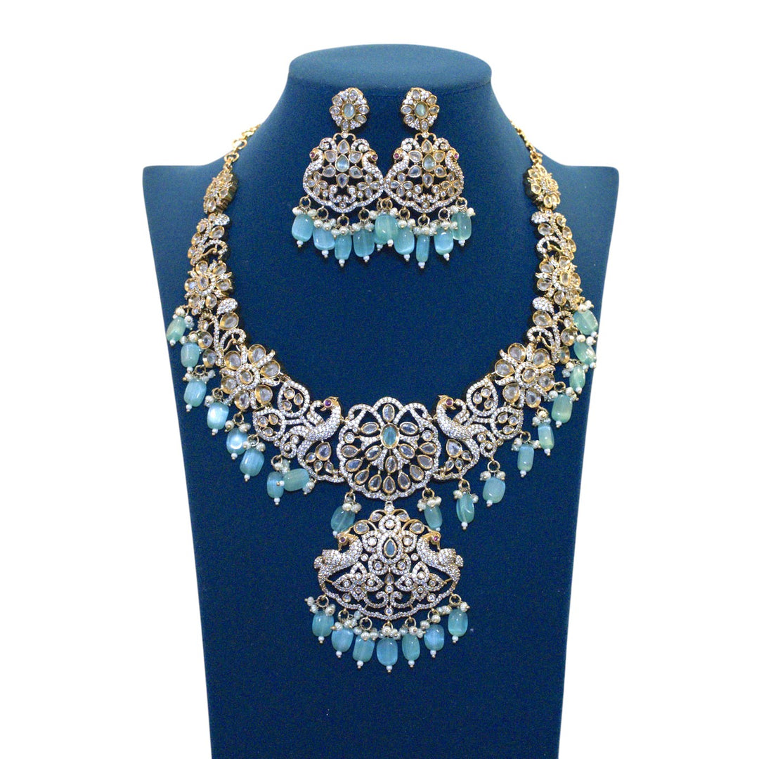 Bridal Peacock Matt Victorian Necklace Set with Green Monalisa Beads