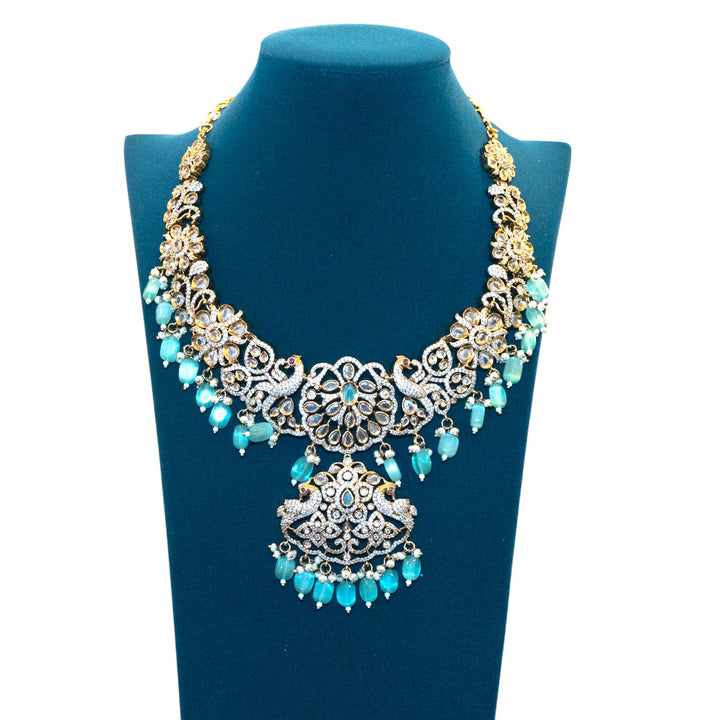 Bridal Peacock Matt Victorian Necklace Set with Green Monalisa Beads