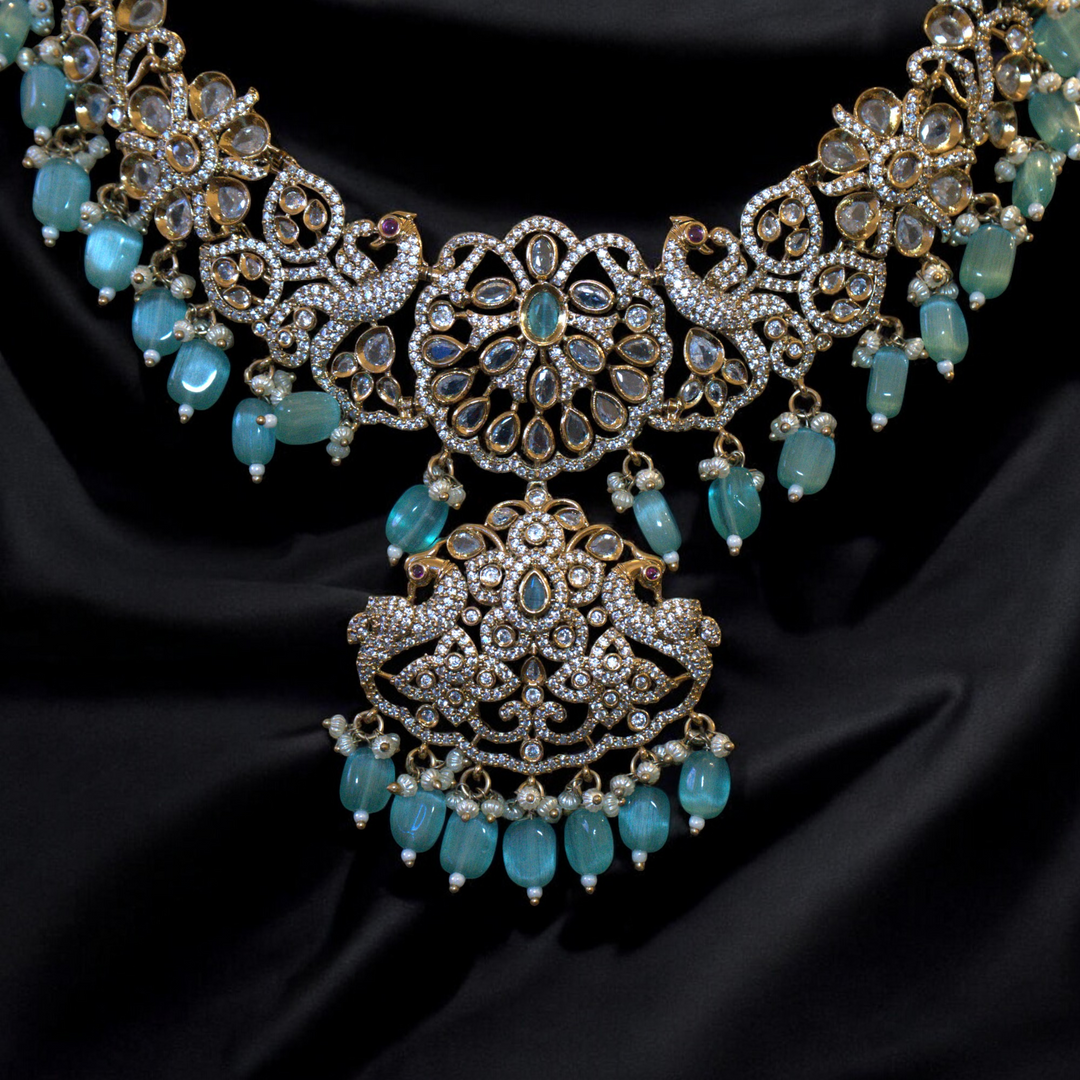 Bridal Peacock Matt Victorian Necklace Set with Green Monalisa Beads