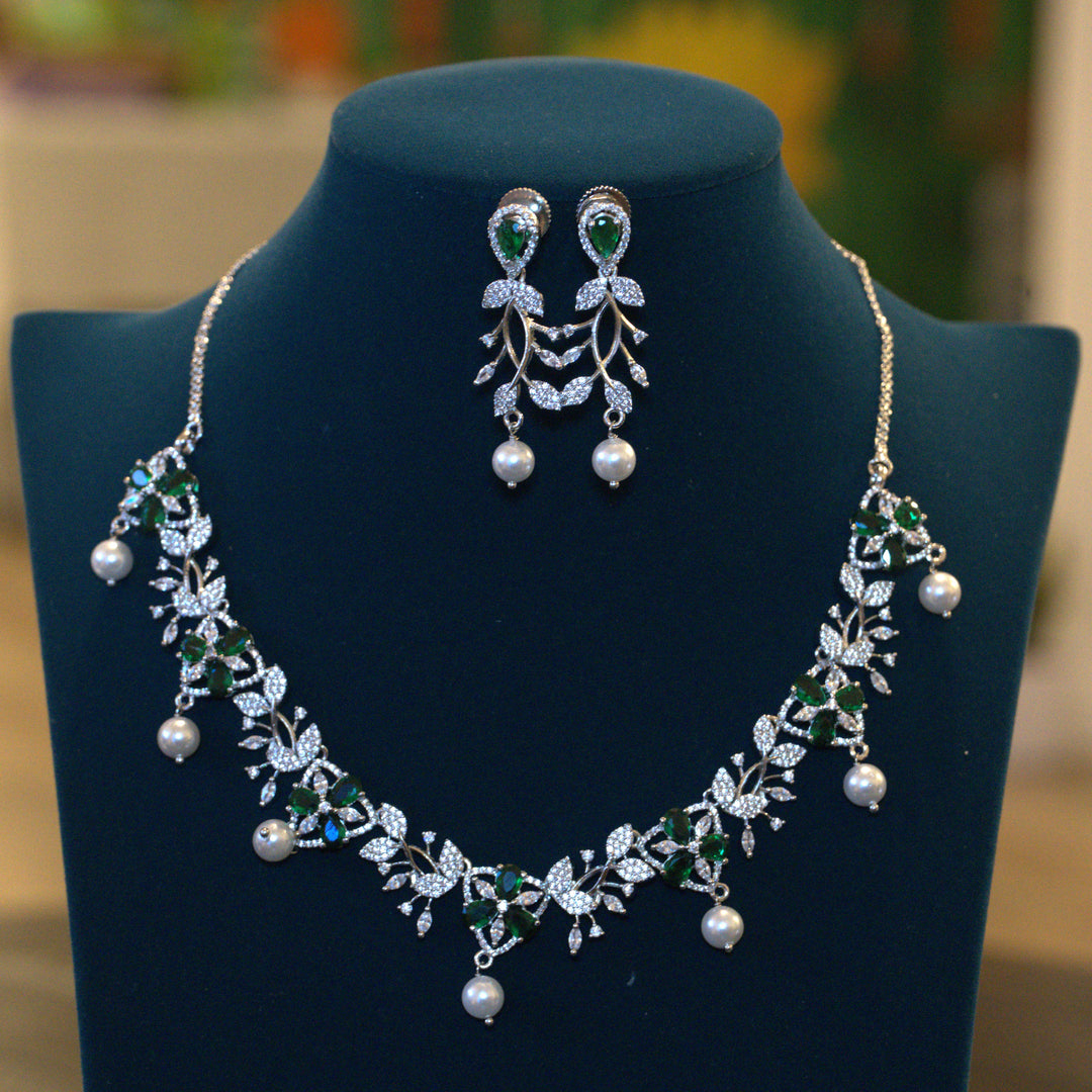 Rhodium CZ Pearls and Green Stone Necklace