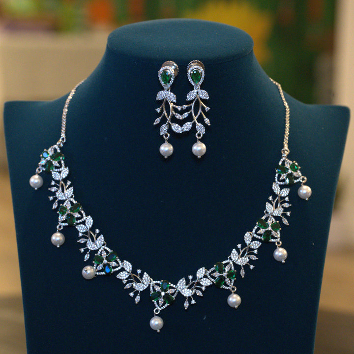 Rhodium CZ Pearls and Green Stone Necklace
