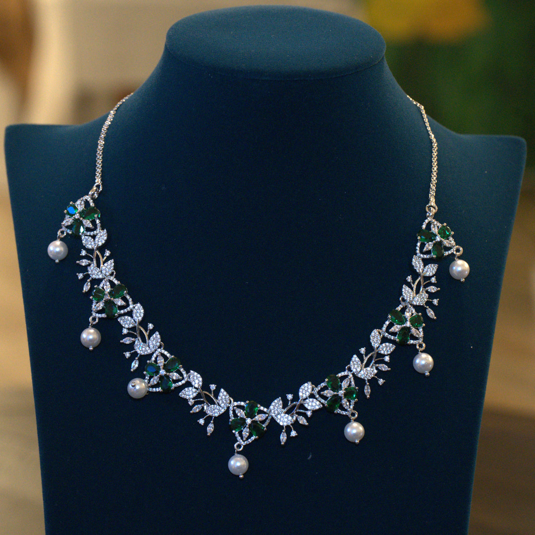 Rhodium CZ Pearls and Green Stone Necklace