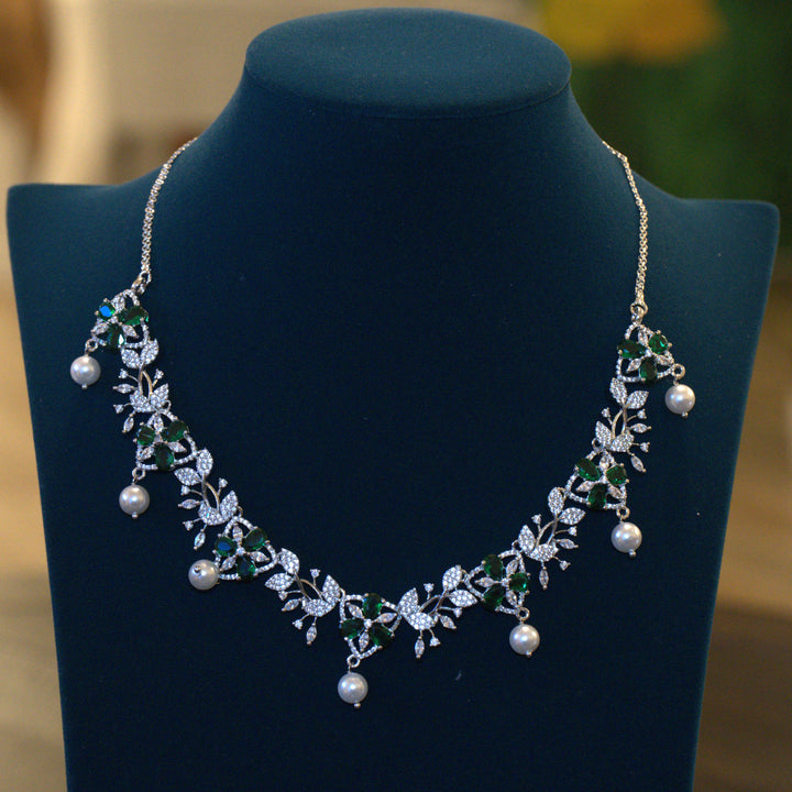 Rhodium CZ Pearls and Green Stone Necklace