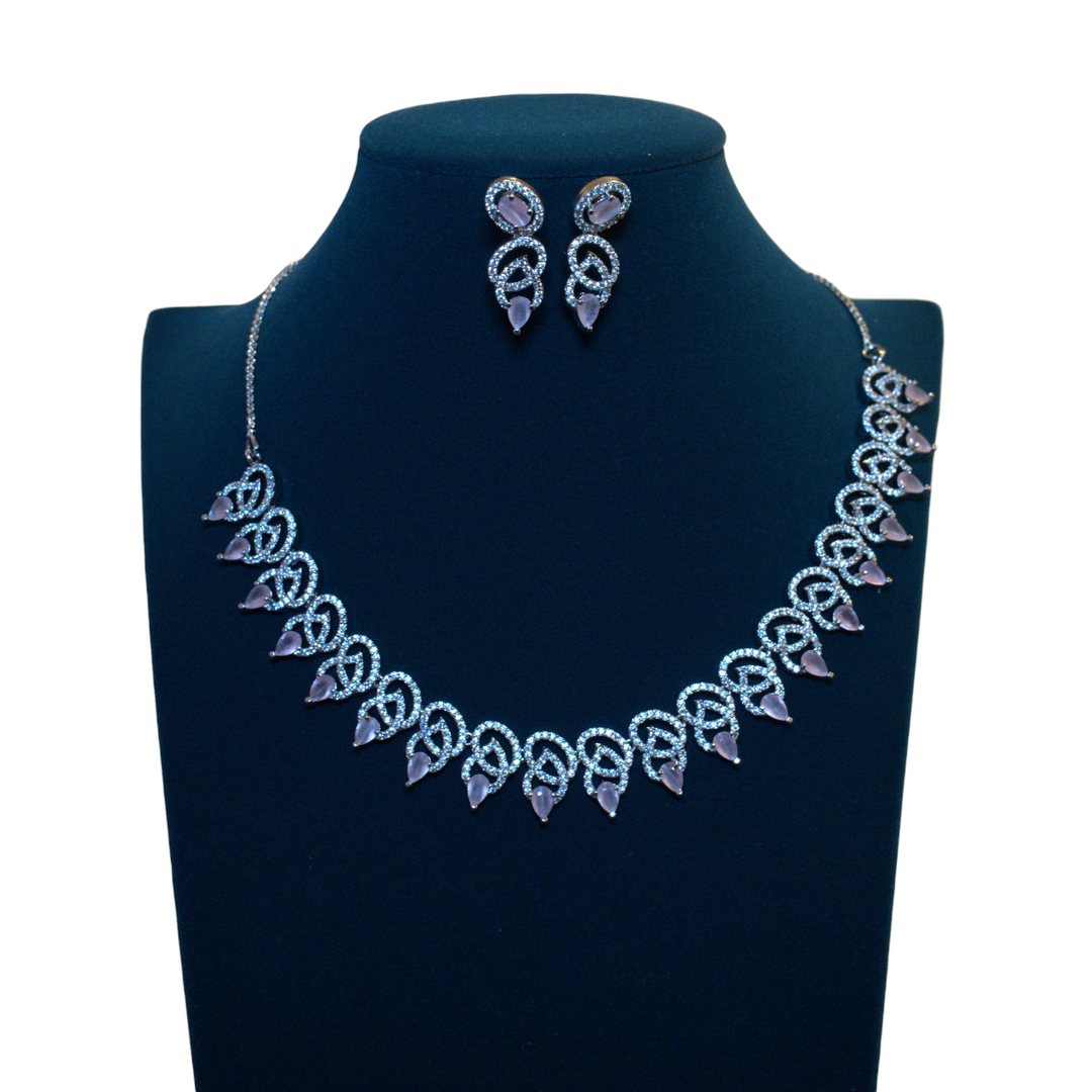 Rhodium CZ Pink Stones Necklace