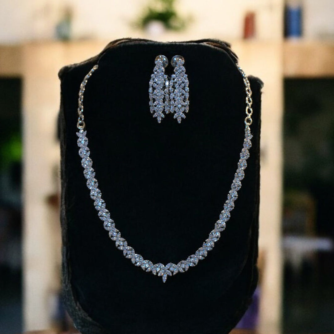 Elegant Rhodium-Plated Necklace with Clustered AD & Swiss Silver Finish