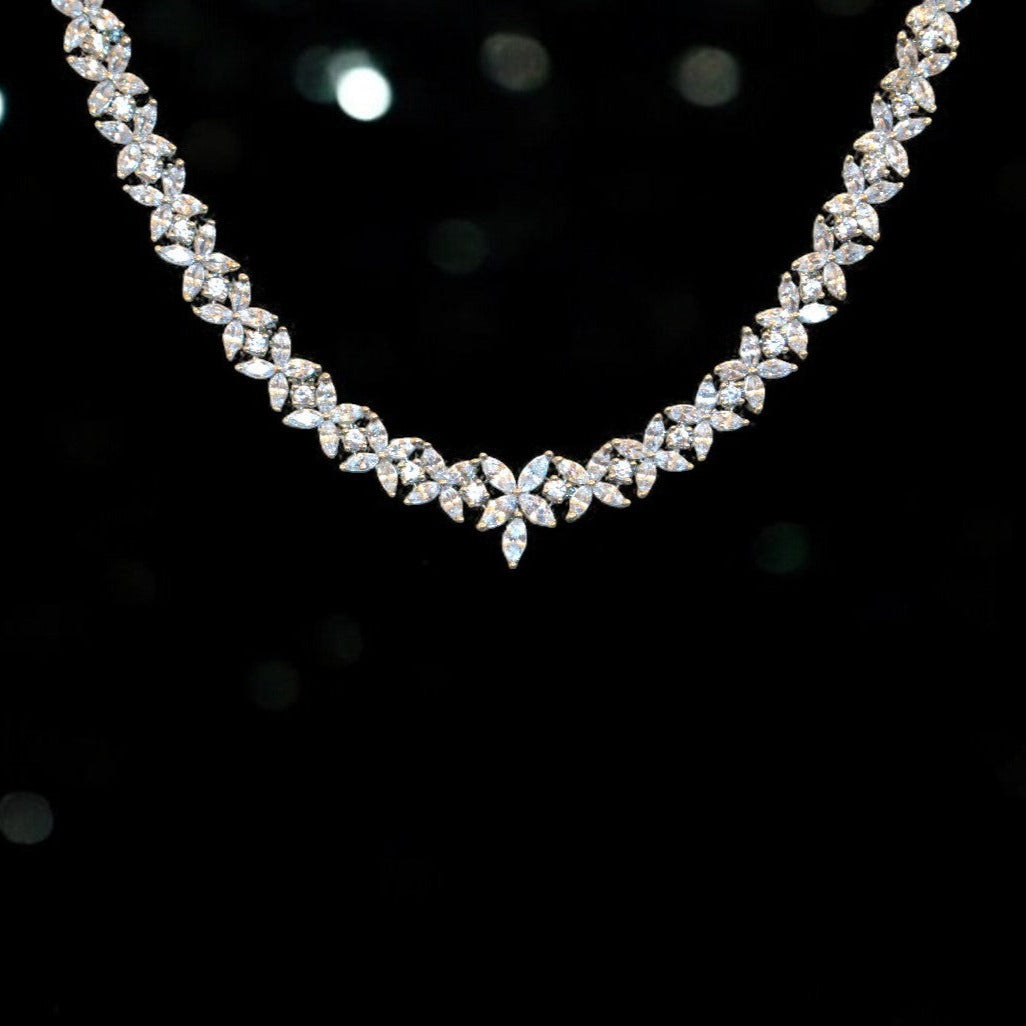 Elegant Rhodium-Plated Necklace with Clustered AD & Swiss Silver Finish