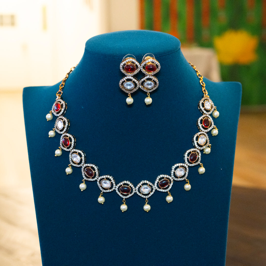 Mehandi Polish Kundan CZ Pearl Drops Necklace
