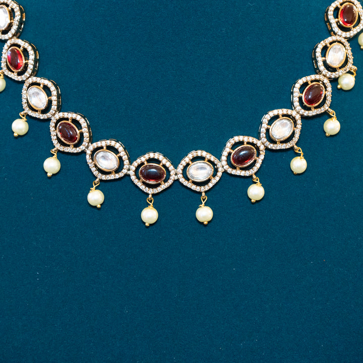 Mehandi Polish Kundan CZ Pearl Drops Necklace