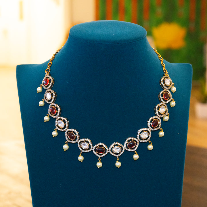 Mehandi Polish Kundan CZ Pearl Drops Necklace