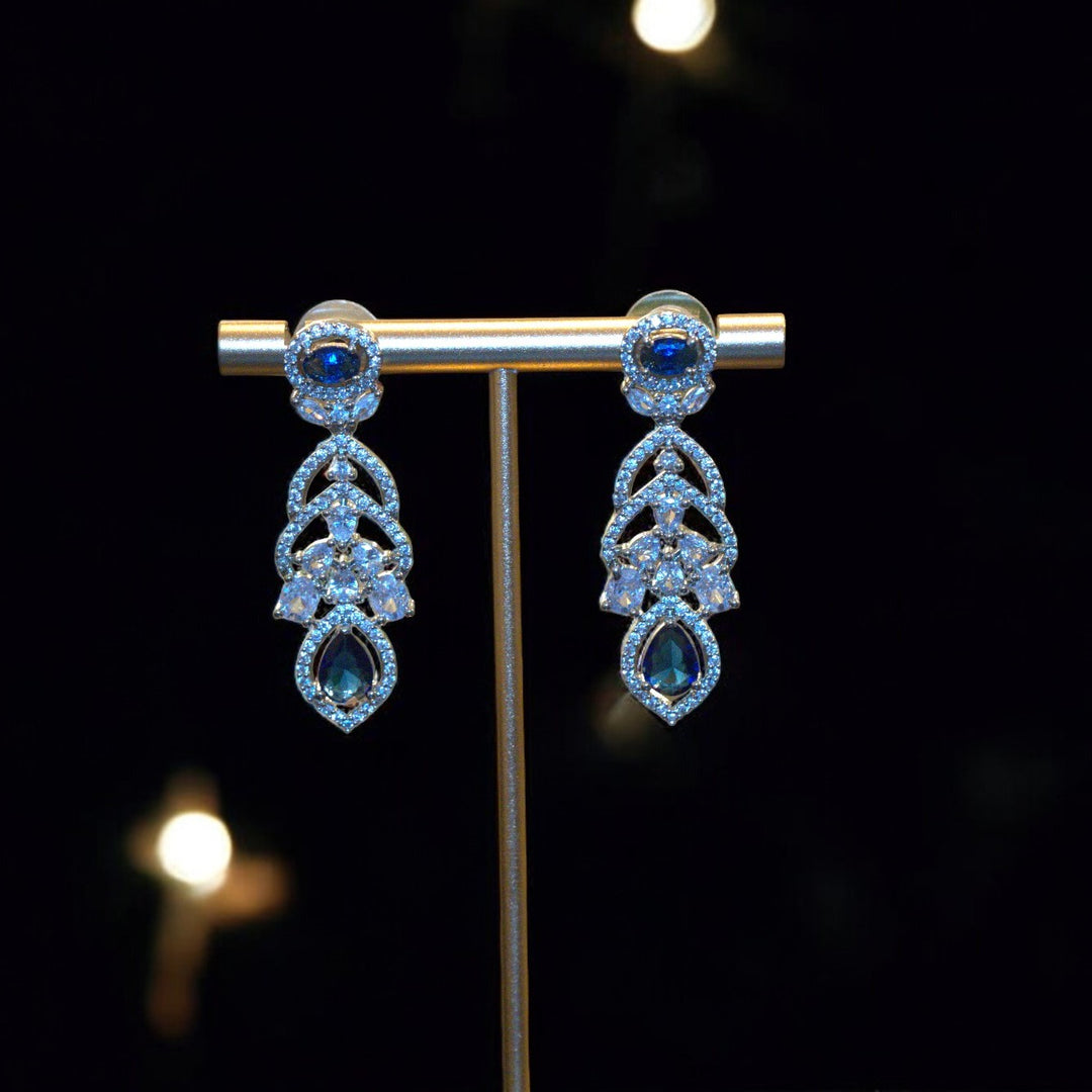 Elegant Rhodium-Plated Necklace with Clustered AD, CZ & Blue Stones