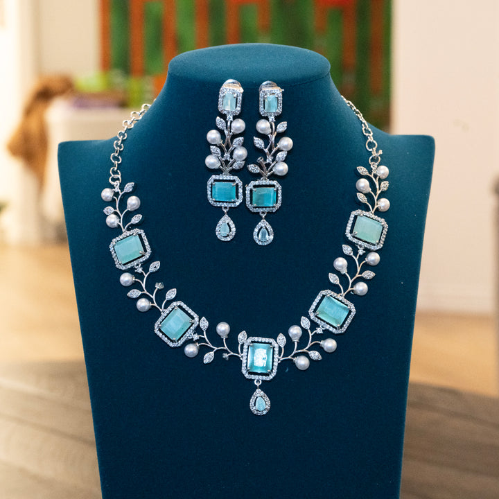 Rhodium CZ White Pearl and Light Green Emerald Necklace