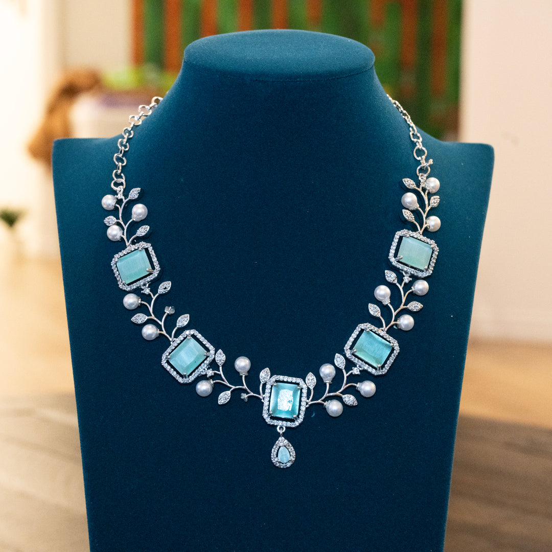 Rhodium CZ White Pearl and Light Green Emerald Necklace