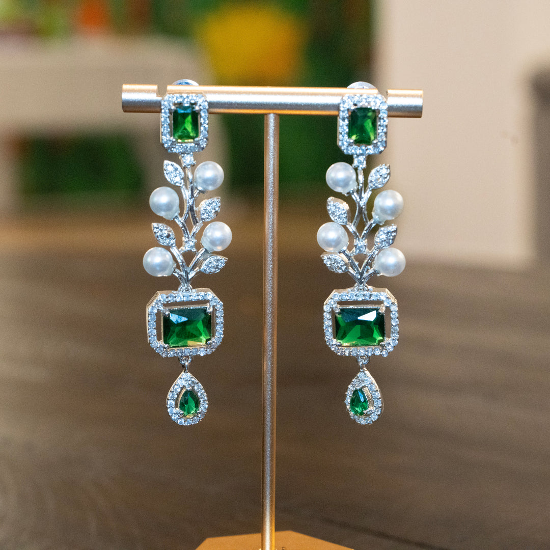 Rhodium CZ White Pearl and Green Emerald Necklace