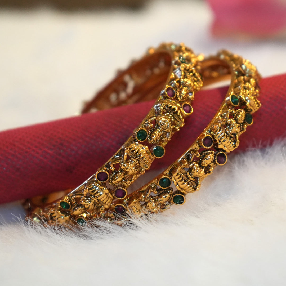 Antique Gold Lakshmi Temple Kemp Ruby Green Emerald Bangles Size 2.4