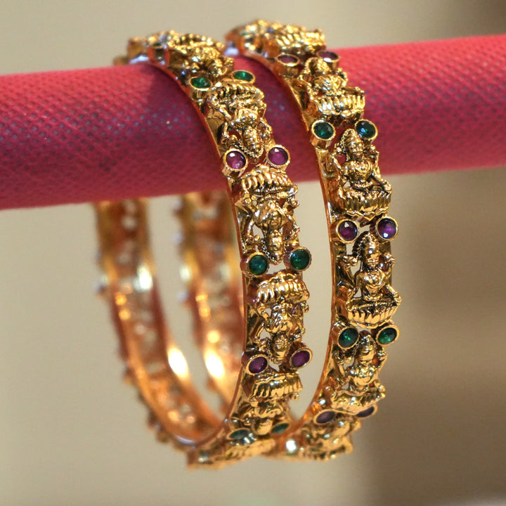 Antique Gold Lakshmi Temple Kemp Ruby Green Emerald Bangles Size 2.4
