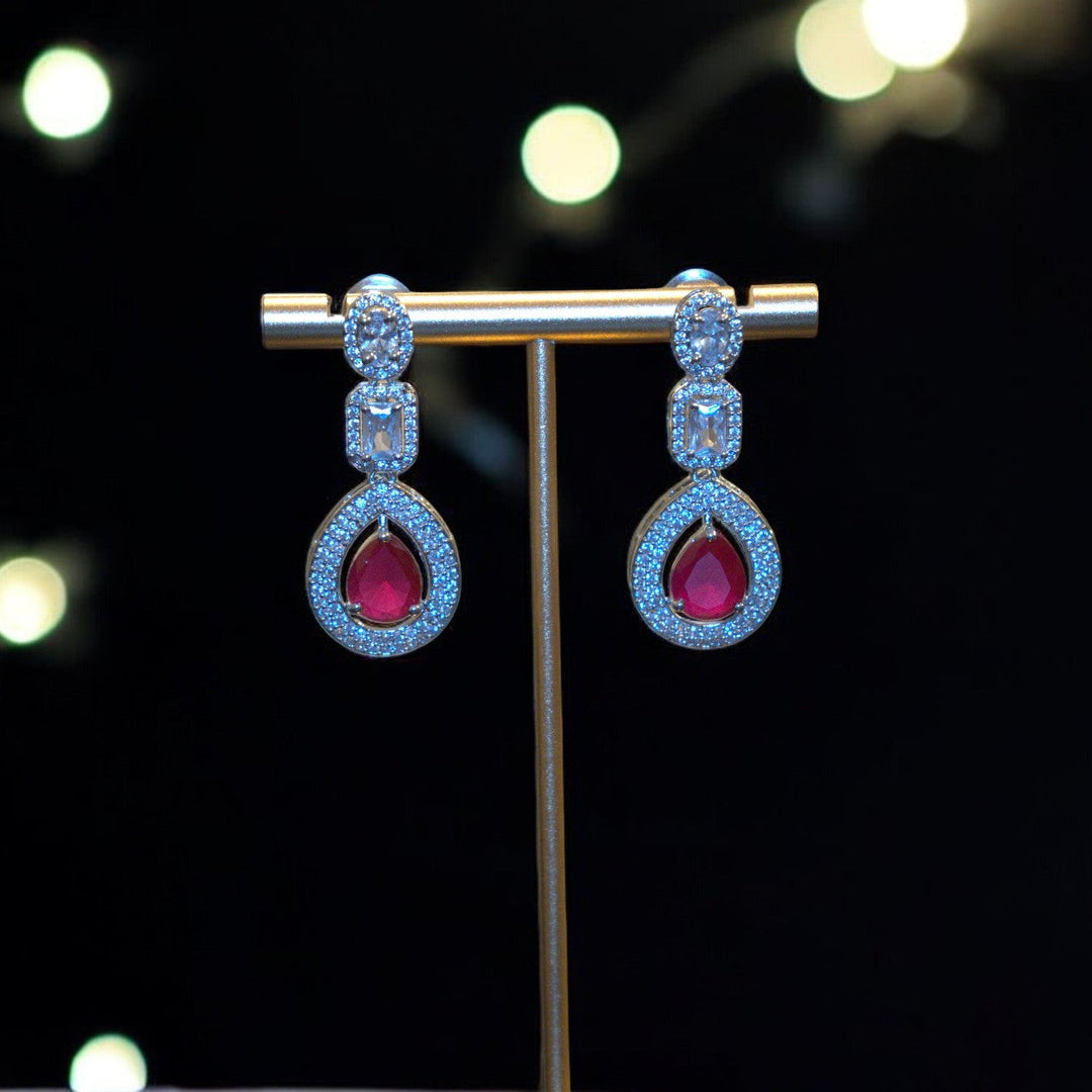 Elegant Rhodium-Plated Necklace with Clustered AD, CZ & Ruby Red Stones