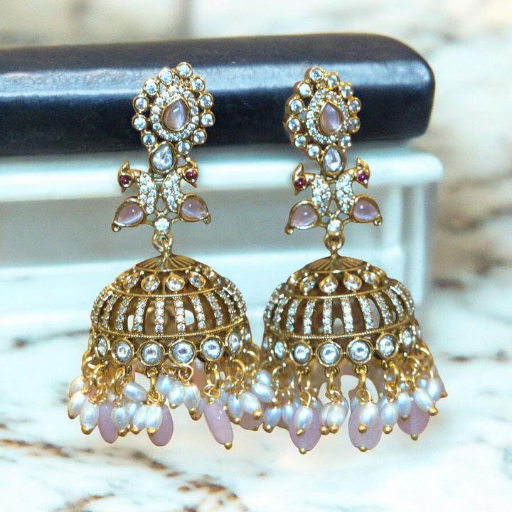 Mehandi Polish Victorian Rose Drop Jumkha CZ Kundan Pink Beads Kammal Jimky