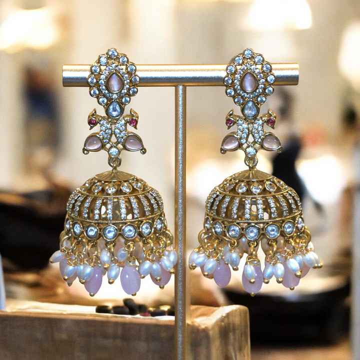 Mehandi Polish Victorian Rose Drop Jumkha CZ Kundan Pink Beads Kammal Jimky