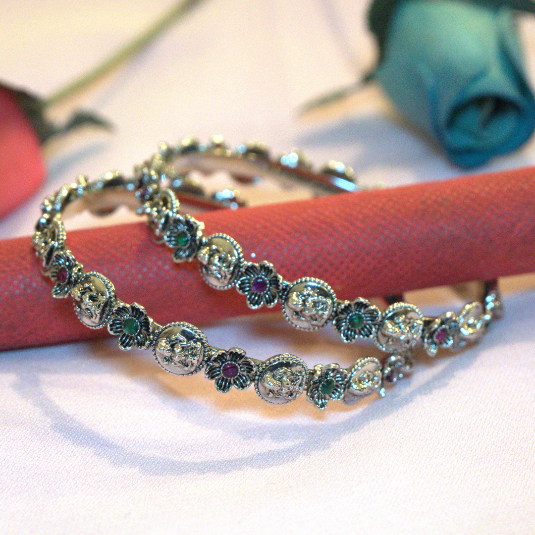 Oxidized Floral and Lakshmi Design Ruby and Emerald Stones Bangles Size 2.8