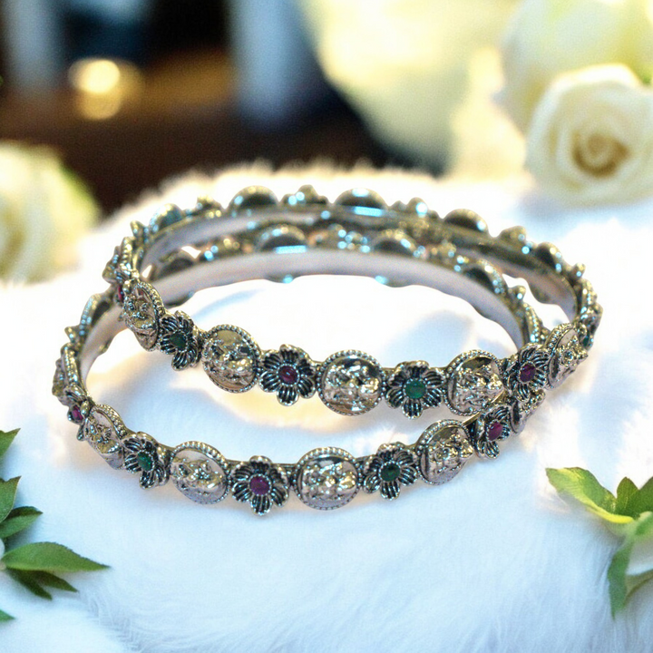 Oxidized Floral and Lakshmi Design Ruby and Emerald Stones Bangles Size 2.8
