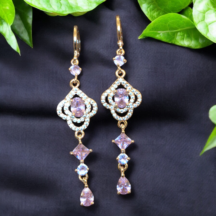 Micron Stylish AD CZ Drop Earrings Pink Stone Kammal Jimky