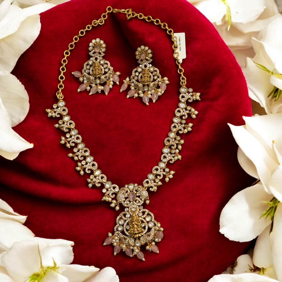 Lakshmi Goddess Pendant Necklace Set with Pink Beads