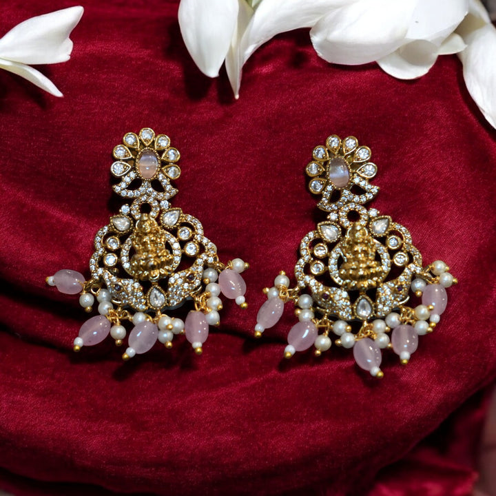Lakshmi Goddess Pendant Necklace Set with Pink Beads