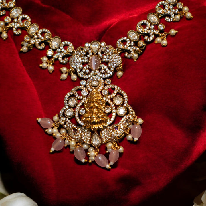 Lakshmi Goddess Pendant Necklace Set with Pink Beads