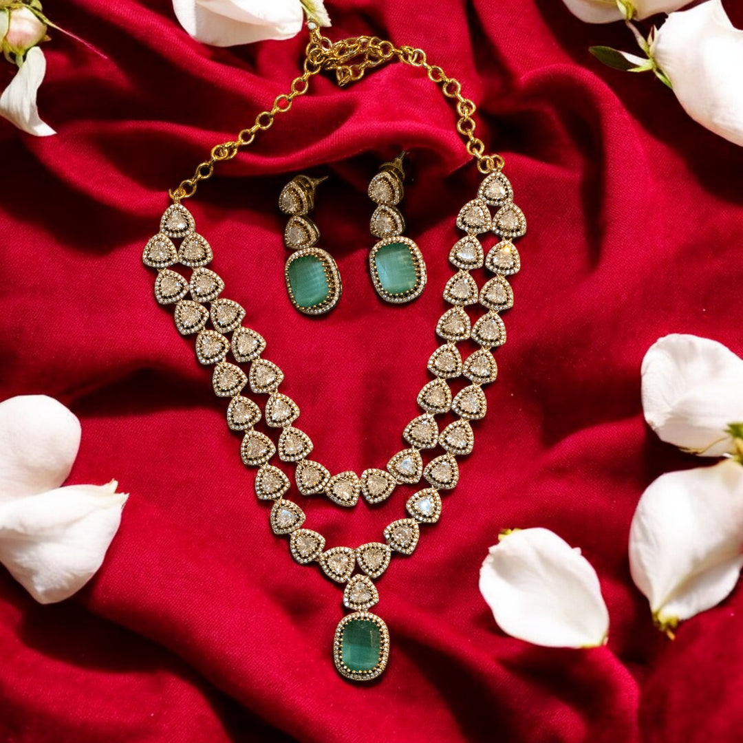 Matt CZ Polki AD Stones Necklace Set with Green Pendants