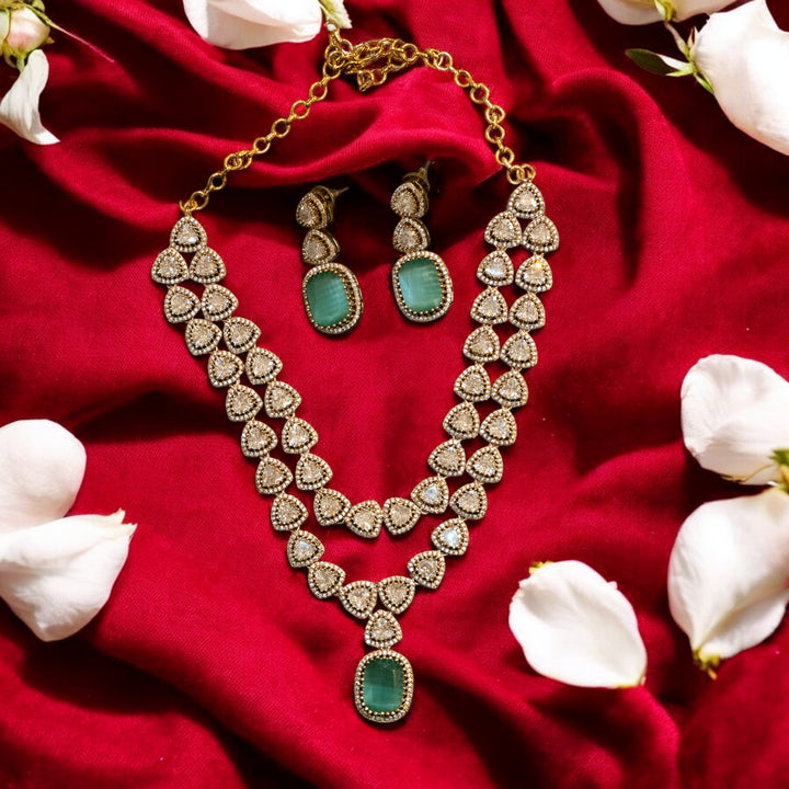 Matt CZ Polki AD Stones Necklace Set with Green Pendants