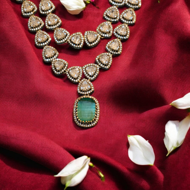 Matt CZ Polki AD Stones Necklace Set with Green Pendants