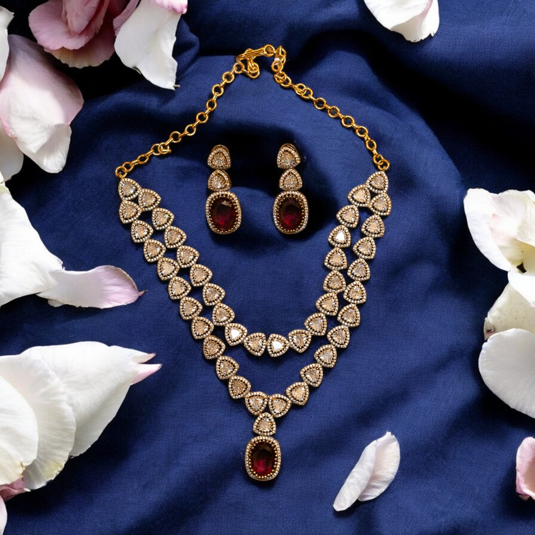 Matt CZ Polki AD Stones Necklace Set with Red Pendants