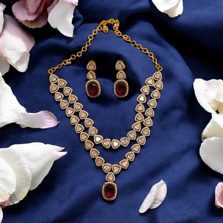 Matt CZ Polki AD Stones Necklace Set with Red Pendants