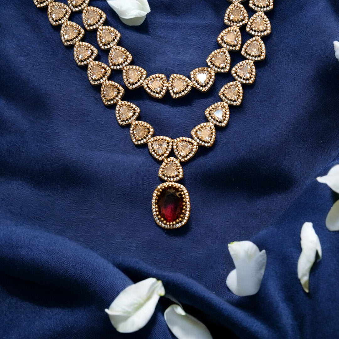 Matt CZ Polki AD Stones Necklace Set with Red Pendants