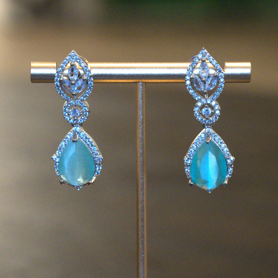 Rhodium Tear Drop Shaped Aqua Green Stone CZ Kammal Jimky