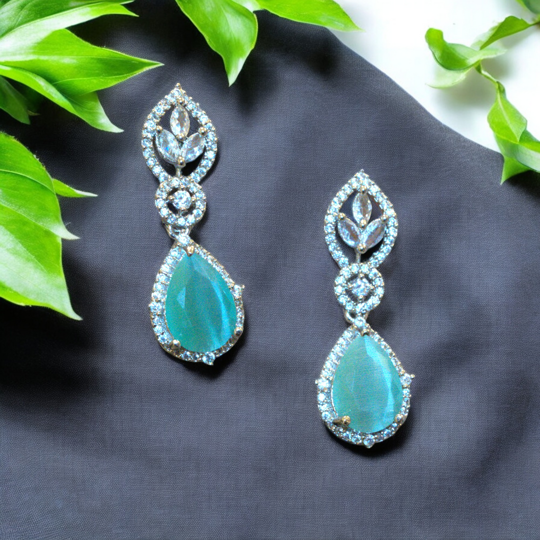 Rhodium Tear Drop Shaped Aqua Green Stone CZ Kammal Jimky