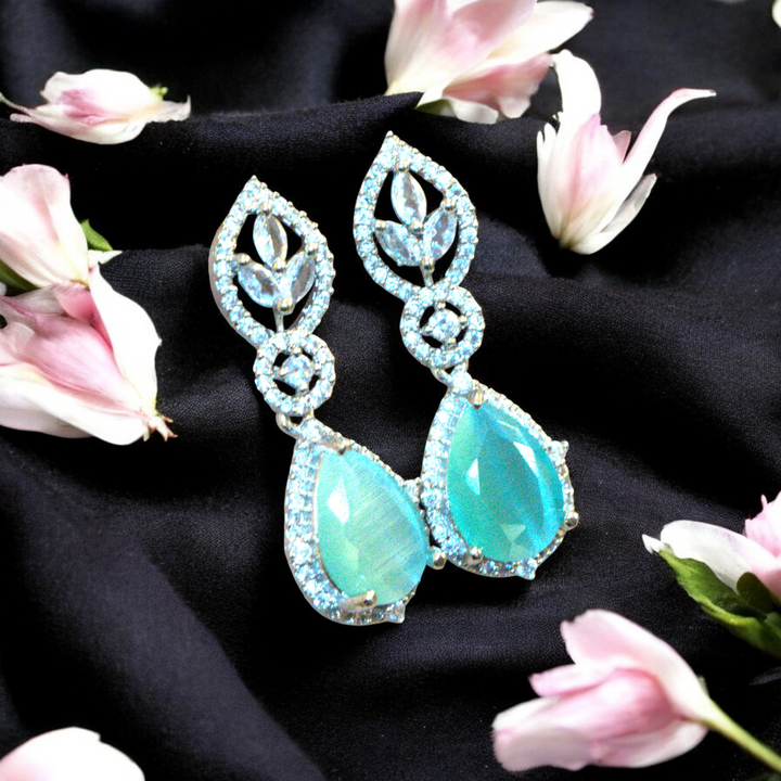 Rhodium Tear Drop Shaped Aqua Green Stone CZ Kammal Jimky