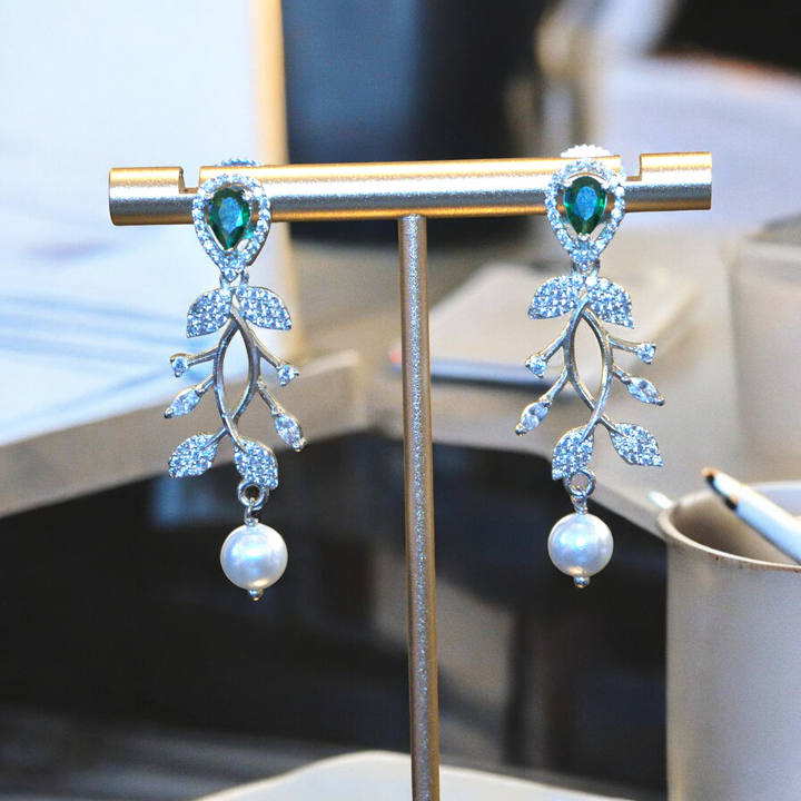 Rhodium CZ Pearls and Green Stone Necklace