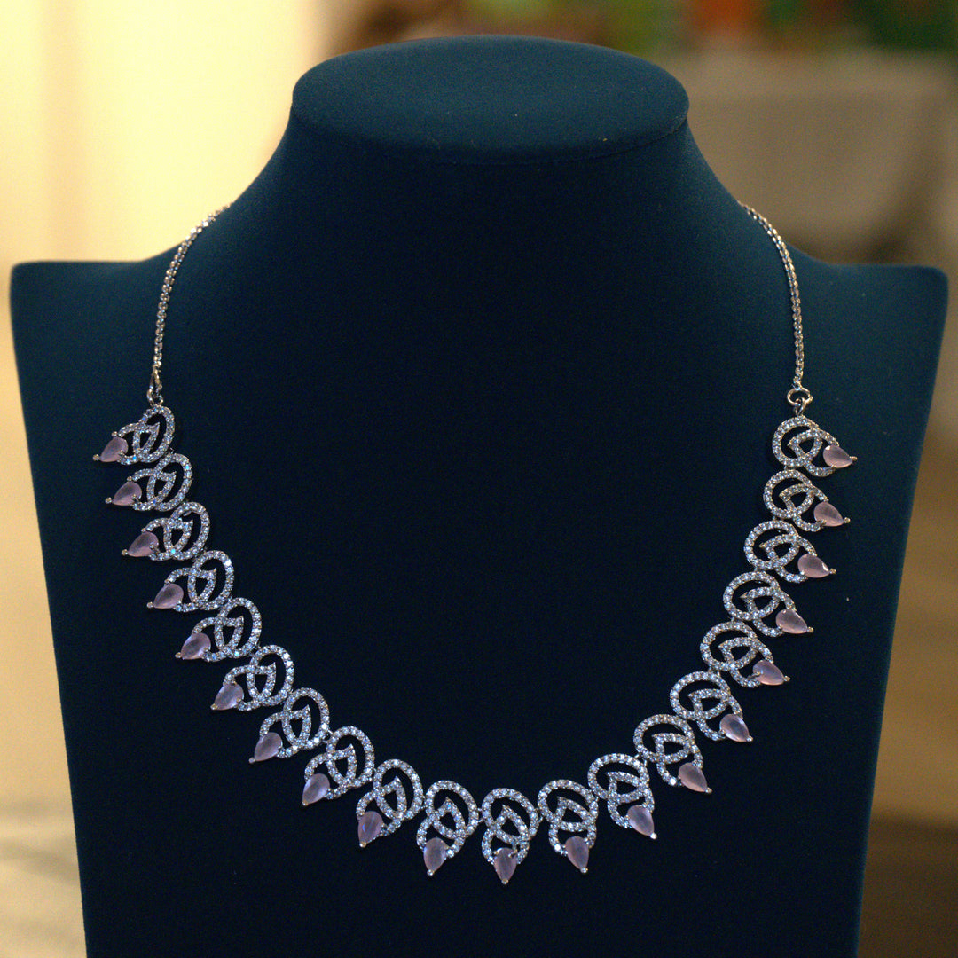 Rhodium CZ Pink Stones Necklace