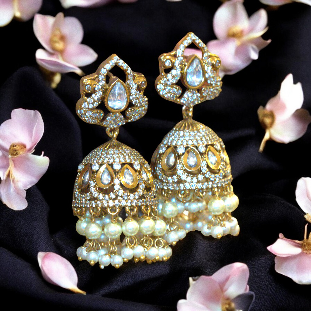 Mehandi Polish CZ Kundan Pearls Hangings Butta Type Victorian Kammal Jimky