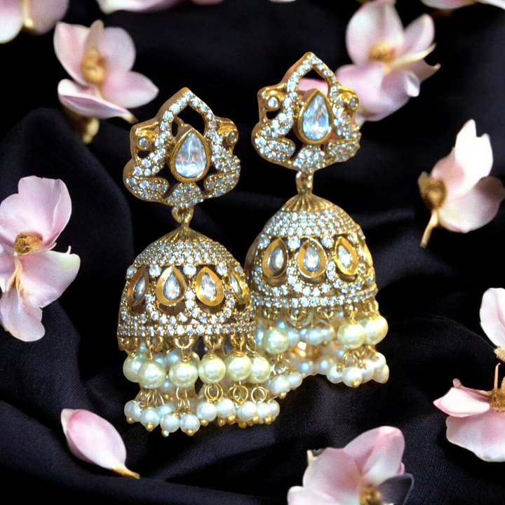 Mehandi Polish CZ Kundan Pearls Hangings Butta Type Victorian Kammal Jimky