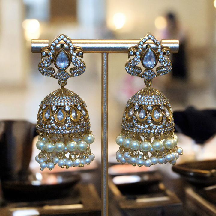 Mehandi Polish CZ Kundan Pearls Hangings Butta Type Victorian Kammal Jimky