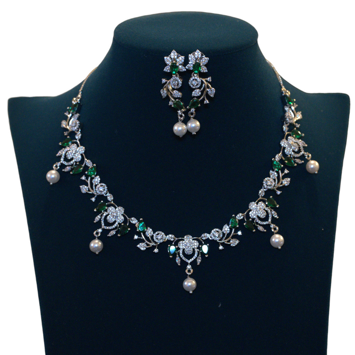 Rhodium CZ White Pearl and Green Stone Fancy Necklace Set